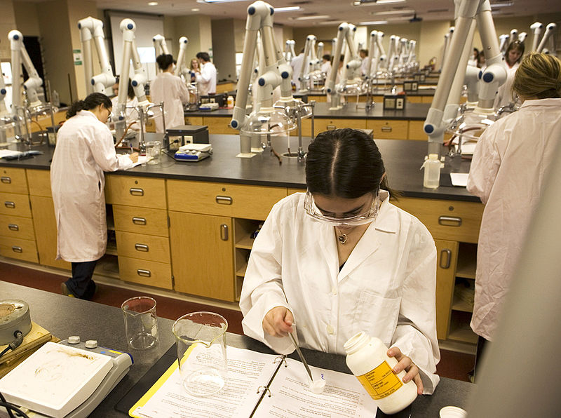 A science lab with a woman checking a document