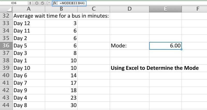Excel page showing a mode calculation on a row of numbers.