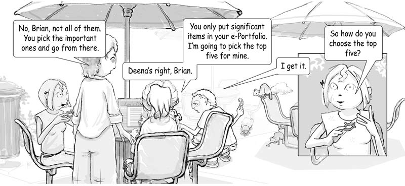 Cartoon of Lori, Sage, Deena, and Brian talking. Read the dialog above the cartoon.