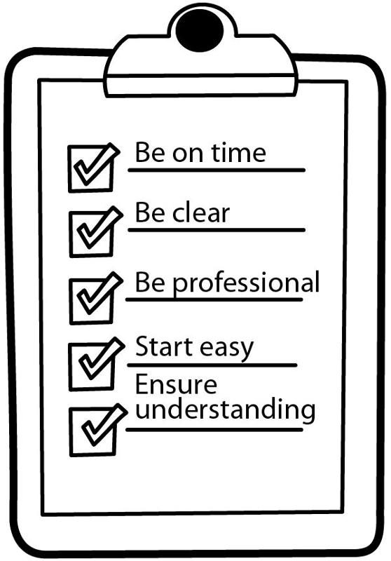 A checklist that includes Be on time, Be clear, Be professional, Start easy, Ensure understanding.