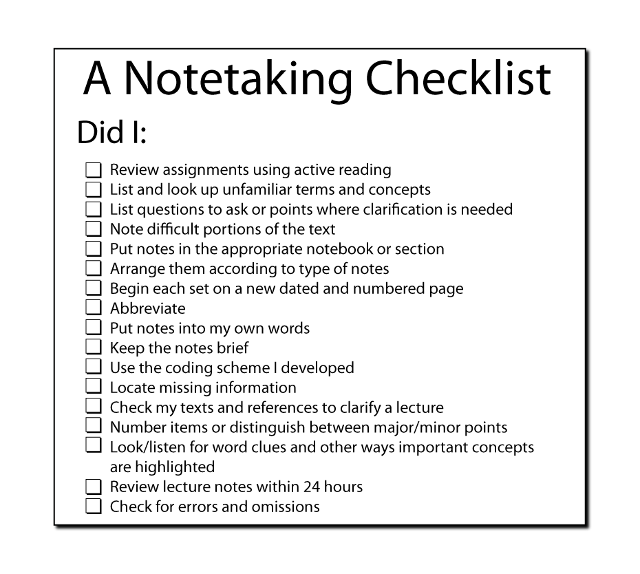 Image of the notetaking checklist