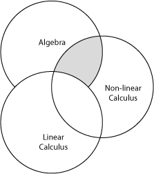 Three overlapping circles named algebra, linear calculus, and non-linear calculus.