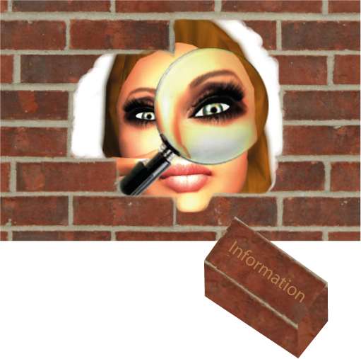 A woman with a magnifying glass looking through a hole in a brick wall.