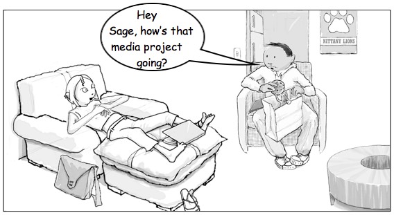 Cartoon of Sage and Jose talking. Read the dialog above the cartoon.
