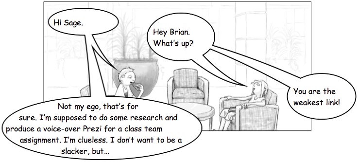 Cartoon of Sage and Brian talking. Read the dialog above the cartoon.