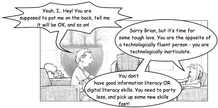 Cartoon of Sage and Brian talking. Read the dialog above the cartoon.