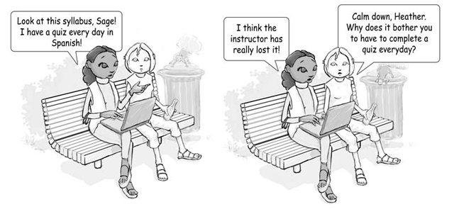 Cartoon of Heather and Sage talking. Read the dialog above the cartoon.