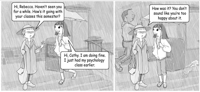 Cartoon of Cathy and Rebecca talking. Read the dialog above the cartoon.